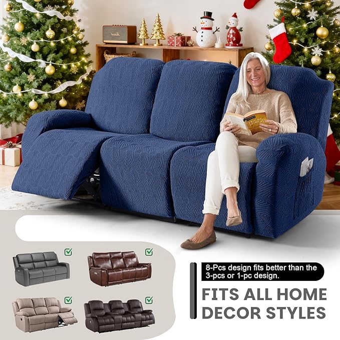 VANSOFY Recliner Couch Cover, 8-Pieces Stretch Recliner Sofa Cover Soft Jacquard Reclining Slipcover Furniture Protector with Elastic Bottom for Kid, Pets(3 Seat,Dark Blue)