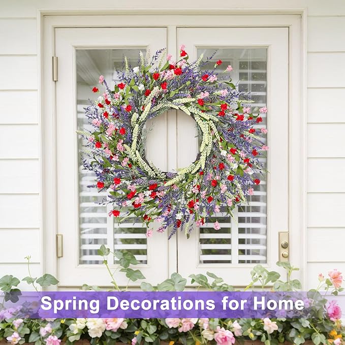 26 Inch Lavender Wreath Summer Spring Wreaths for Front Door Wreaths for Front Door for Wedding Farmhouse (Red Pink Lavender)