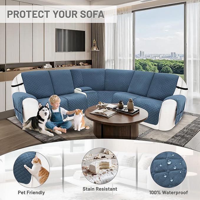 Recliner Sofa Covers 100% Waterproof Velvet L Shape Recliner Couch Covers for Dogs Pets Washable Anti Slip Recliner Slipcovers with Pockets (5 Seat Sofa with 1 Console, Dark Blue)