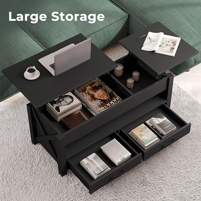 Seventable Coffee Table, 47.2" Lift Top Coffee Table with 2 Storage Drawers and Hidden Compartment, X Wood Farmhouse Support, Retro Center Table with Lift Tabletop for Living Room,Black