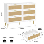 GarveeHome Rattan 6 Drawer Dresser, Modern Chest of Drawers with Gold Legs and Gold Handles, Wide Double Dresser with Large Tabletop and Anti-Tipping Design for Bedroom Living Room, White