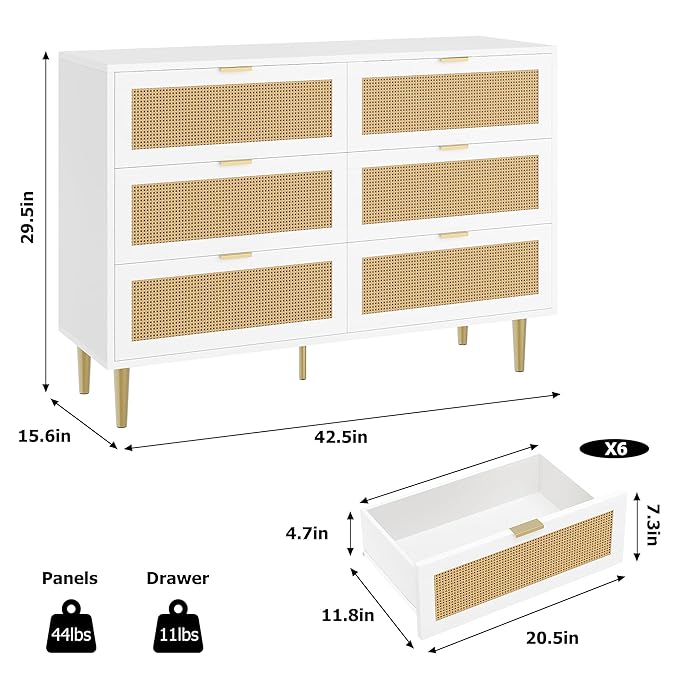 GarveeHome Rattan 6 Drawer Dresser, Modern Chest of Drawers with Gold Legs and Gold Handles, Wide Double Dresser with Large Tabletop and Anti-Tipping Design for Bedroom Living Room, White