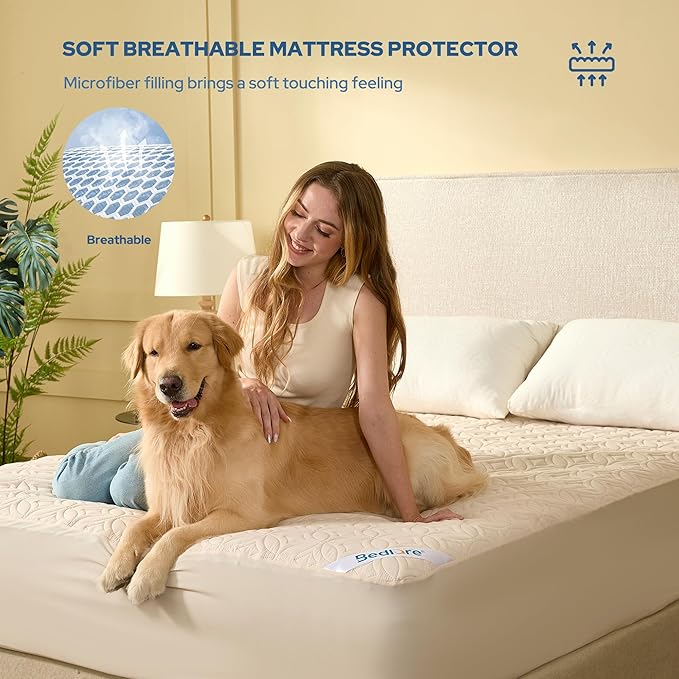 BEDLORE Waterproof Mattress Protector, King Size Noiseless Mattress Pad with Deep Pocket 6"-18" Depth, Soft Breathable Bed Mattress Cover Washable for Home, Bedroom, Hotel (Beige)