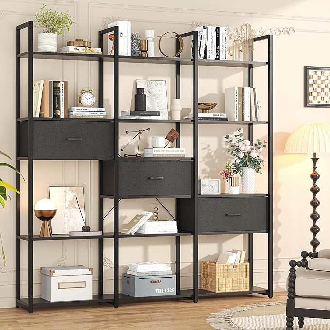 Semoic Triple Wide 6 Tiers Industrial Book shelf with 3 Drawers and Storage Shelves, 73.6" Tall Bookcase with 16 Open Display Shelves, Large Etagere Bookshelf with Metal Frame for Home & Office, Black