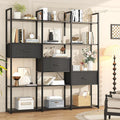 Semoic Triple Wide 6 Tiers Industrial Book shelf with 3 Drawers and Storage Shelves, 73.6" Tall Bookcase with 16 Open Display Shelves, Large Etagere Bookshelf with Metal Frame for Home & Office, Black