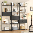 Semoic Triple Wide 6 Tiers Industrial Book shelf with 3 Drawers and Storage Shelves, 73.6" Tall Bookcase with 16 Open Display Shelves, Large Etagere Bookshelf with Metal Frame for Home & Office, Black