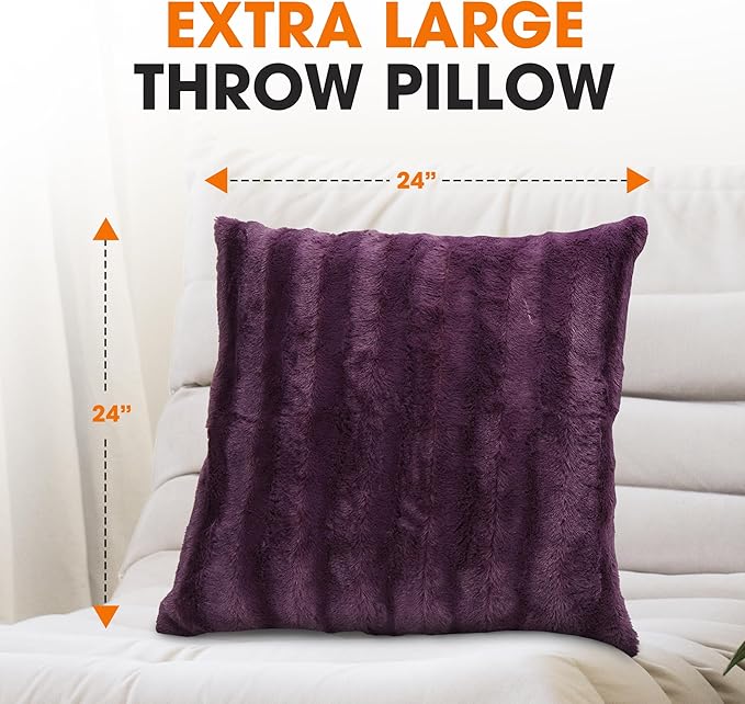 Cheer Collection Faux Fur Throw Pillows - Decorative Pillows for Couch, Bed Throw Pillows, Purple Accent Pillows for Bedroom or Living Room Aesthetic, Set of 2 Furry Throw Pillows, 24" x 24"