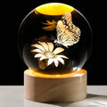 3D Butterfly Flower Crystal Ball with Wooden Light Base Glass Butterfly Figurine Gifts for Women Mom Butterfly Statue Home Decor on Mother's Day Birthday Valentine Christmas (Diameter 2.36 inches)