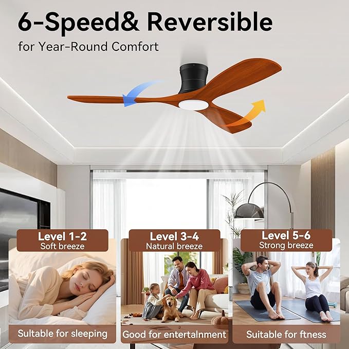 52' Smart Wood Low Profile Ceiling Fan with Lights Remote, Quiet DC Motor, Outdoor Indoor Flush Mount, Voice Control via WIFI Alexa App, Modern Dimmable Lighting for Bedroom Patio