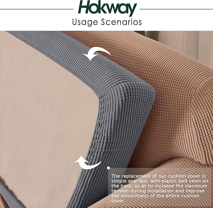 Hokway Stretch Individual Couch Cushion Covers, Washable Sofa Seat Slipcovers for Loveseat Sofa, Soft Durable Cushion Protector with Elastic Bottom for Pet(Light Grey, 3 PC)
