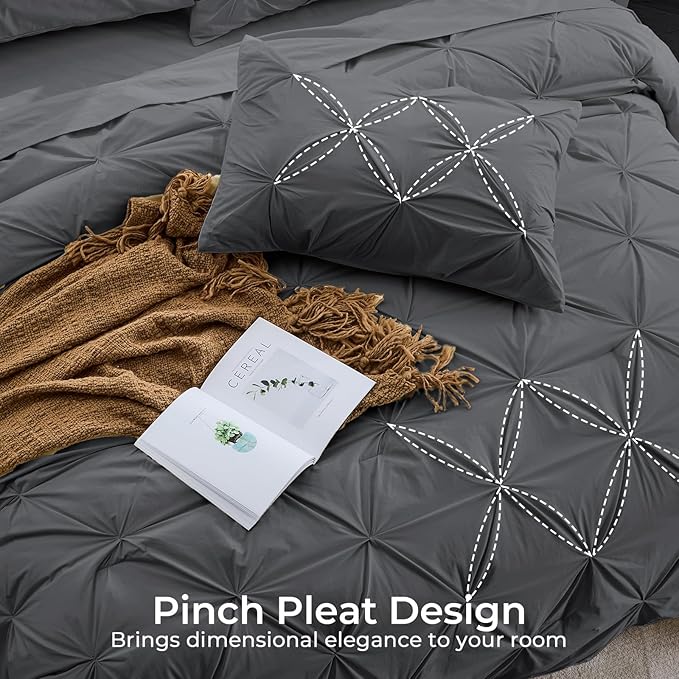 Sasttie Twin XL Comforter Set, 5-Piece Bed in a Bag, Pintuck Bedding Set for All Season, Includes Comforter, Flat Sheet, Fitted Sheet, Pillowcase and Pillowsham, Dark Grey