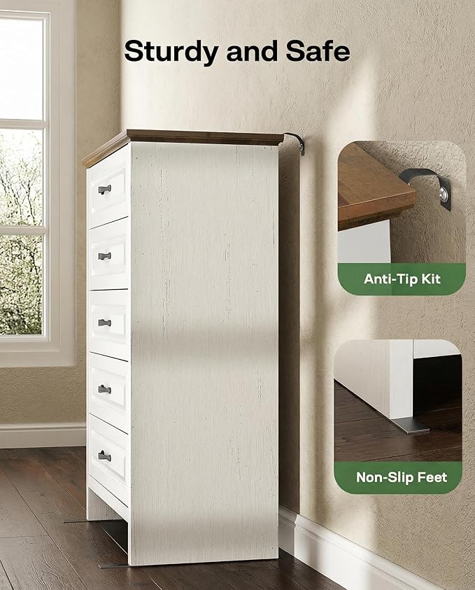 Marsail Farmhouse 5 Drawer Dresser, Wood Chest of Drawers with Natural Texture, Smooth Gliding Drawers, Versatile Storage Organizer Cabinet for Bedroom & Living Room, White and Brown