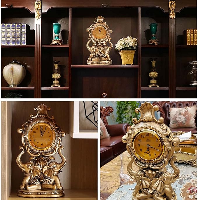 rnuie Desk Clock for Mantle Decor, Vintage Elephant Table Clock Battery Operated, Bronze Elephant Statue Mantel Clock for Living Room, Shelf, Fireplace, Home, Table Top Decor