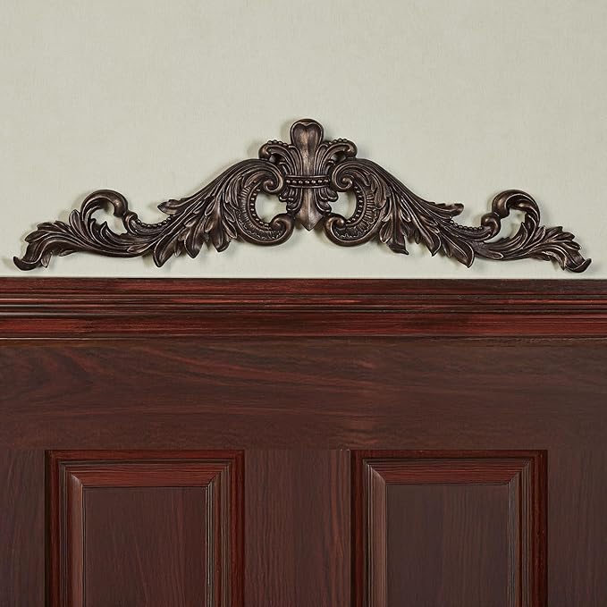 Salvatar Wall Art Topper | Large, Wide Doorway Design | Antique Bronze Metallic Finish | Openwork Acanthus Leaf Scrolls with Ornate Fleur De Lis | Hang Alone or Above A Wide Door, Window, or Artwork