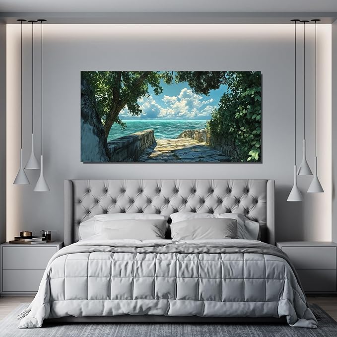 Canvas Wall Art Decor Coastal Wall Art Pictures for Living Room Canvas Art Wall Decor Landscape Natural Wall Art Prints Green Blue Artwork for Walls Seaside Art Work for Home Office Decor 20"x40"