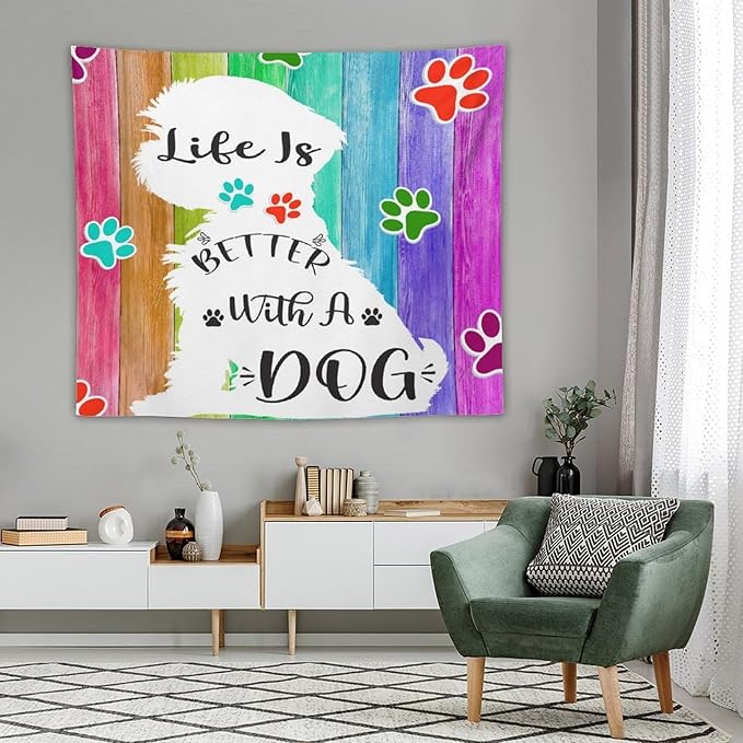 VUMIVI Cute Dog Tapestry Rainbow Color Planks Rustic Farmhouse Home Decor Pet Paws Tapestry Wall Hanging for Living Room Bedroom Dorm Classroom Aesthetic Decor W60xL50in
