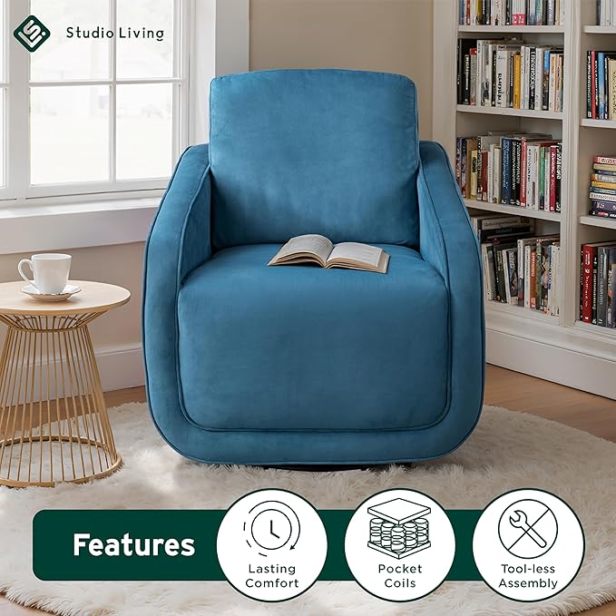 Studio Living® Lydia 35.3" Swivel Accent Chair, Modern Boho, Fully Assembled, Pocket Coil Comfort, Round Swivel Base Leg, Soft Velvet Fabric, Blue