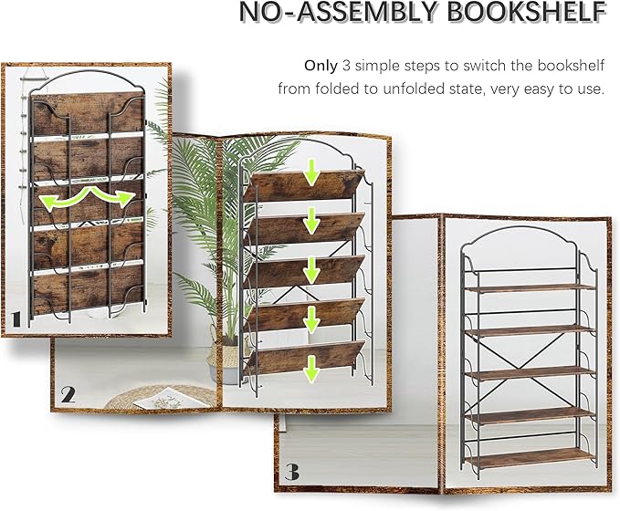 4NM No Assembly Extra Wide Folding Bookshelf for Living Room, 5 Tiers Collapsible Book Shelves Open Industrial Foldable Bookcase Storage Shelf for Home Office - Rustic Brown Black