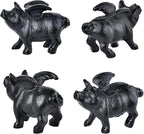 Sungmor Whimsical Cast Iron Flying Pig Statue, 2pcs Rustic Black Cute Little Piggy Paperweight, Garden Collection Figurine Home Office Desk Ornament, Indoor Outdoor Animal Statues
