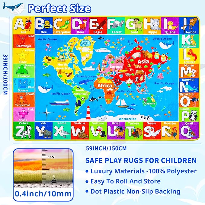 World Map ABC Kid Rug for Playroom Geography 59"×39.4" Classroom Play Rug Educational Baby Playmat Alphabet Rug for Primary School Fluffy Ployester Non-Slip Preschool Rug for Nursery Room