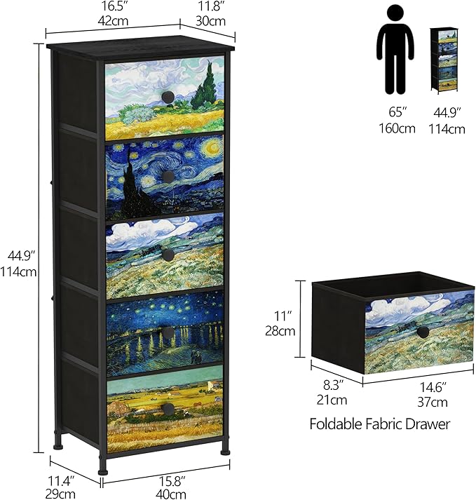 Dresser with 5 Drawers Narrow Tall Nightstand Van Gogh Dresser for Bedroom Fabric Drawer Organizer Unit for Living Room Entryway Hallway Closet Sturdy Steel Frame Wooden Top