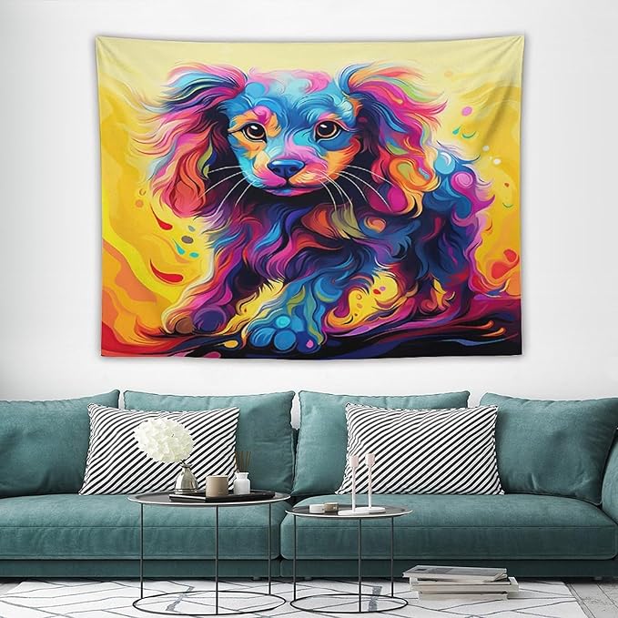 VUMIVI Colorful Cute Dog Tapestry Rainbow-Hued Oil Painting Pet-Themed Abstract Art Print Tapestry Wall Hanging for Living Room Bedroom Dorm Classroom Aesthetic Decor W80xL60in
