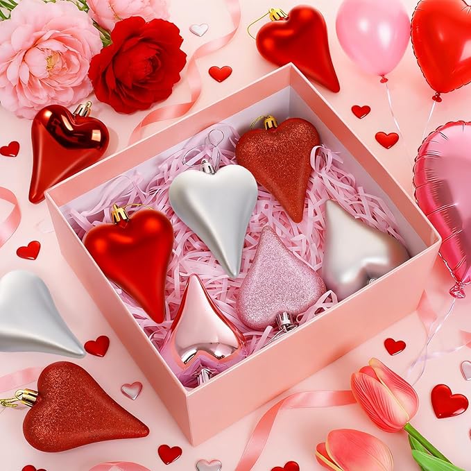 18 Pcs Valentines Tree Heart Ornaments Red Pink Silver Heart Shaped Valentines Tree Decorations 3 Style 3.2" Valentine Ornaments for Christmas Tree Anniversary,Wedding,Party Decoration