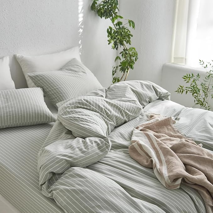 MooMee Striped Duvet Cover Set 100% Washed Cotton Linen Like Textured Breathable Durable Soft Comfy (Sage Green White Wide Stripes, Twin 68"x90")