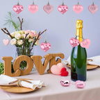 Valentines Day Heart Ornaments, 24Pcs Hanging Heart Ornaments, Glitter Pink Heart-Shaped Baubles for Outdoor Wedding Anniversary Mother's Day Romantic Galentines Valentines Day Party Decoration