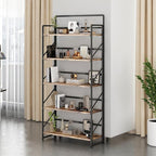 JSB Folding Bookshelf,Industrial Storage Shelves, No Assembly Vintage Wood Look Bookshelf with Storage Shelves for Living Room, Bedroom, Office (Fire Brown, Wide 5-Tier)