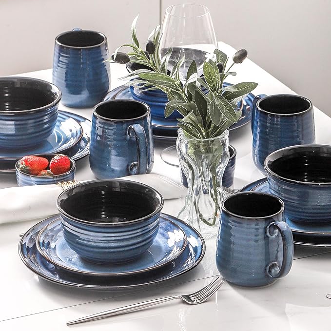 HASENSE Dessert Plates Set of 4, 8 Inch Porcelain Salad Dinner Plates Set for Kitchen, Flat Serving Dishes for Appetizer, Pasta, Side Dish, Snack, Microwave and Dishwasher Safe, Blue