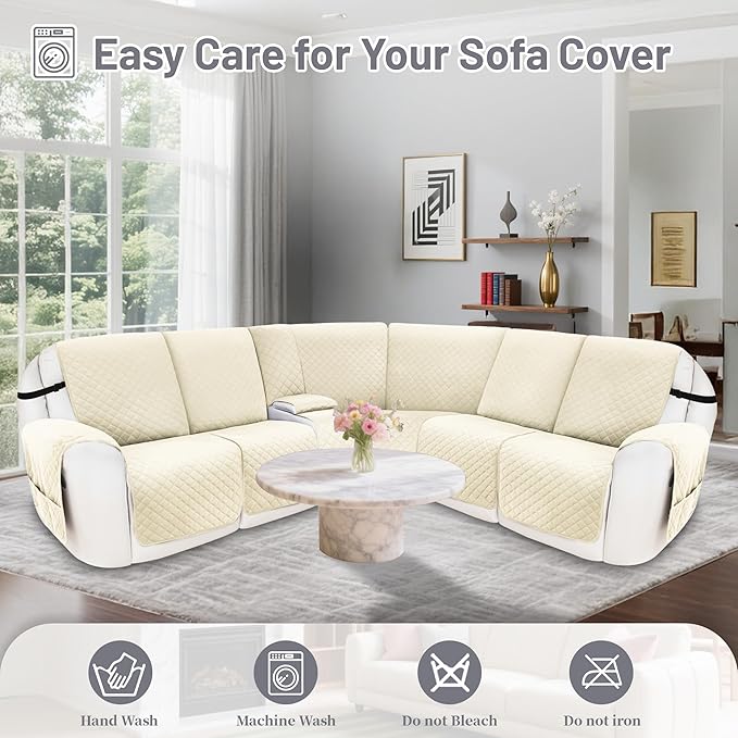 Recliner Sofa Covers 100% Waterproof Velvet L Shape Recliner Couch Covers for Dogs Pets Washable Anti Slip Recliner Slipcovers with Pockets (5 Seat Sofa with 1 Console, Ivory White)