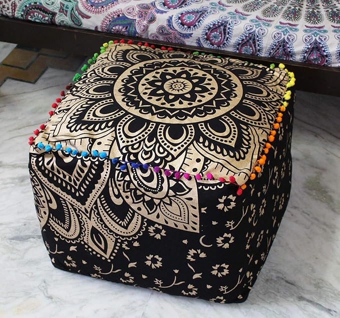 CRAFT KALA Mandala Meditation Floor Pillows Cover Square Pillow Seating Hippie Decorative Adults Bohemian Cushion Cover Outdoor Living Room Throw Ottoman Poufs Cover 18X18X14 inches, Black Gold Flower