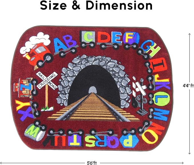SAFECASTLE Alphabet Express Kids Educational Area Rug – 4'4" x 5'6" – Colorful Train ABC Learning Carpet for Playroom, Classroom, Daycare, Preschool, or Nursery – Durable Machine-Tufted Nylon Rug