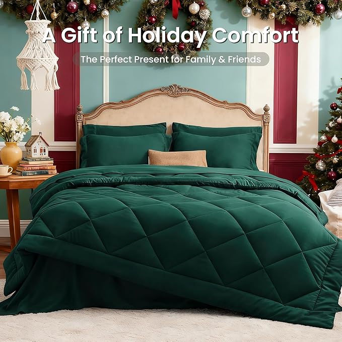 Love's cabin Queen Comforter Set Dark Green, 7 Pieces Queen Bed in a Bag, All Season Bedding Sets with 1 Comforter, 1 Flat Sheet, 1 Fitted Sheet, 2 Pillowcase and 2 Pillow Sham