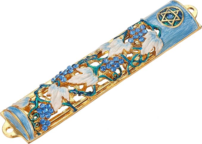 Matashi Hand Painted Blue and Ivory Enamel Grape Mezuzah Embellished with Gold Accents and Crystals Home Door Wall Decor Housewarming Present Gift for Festival (6 inch)
