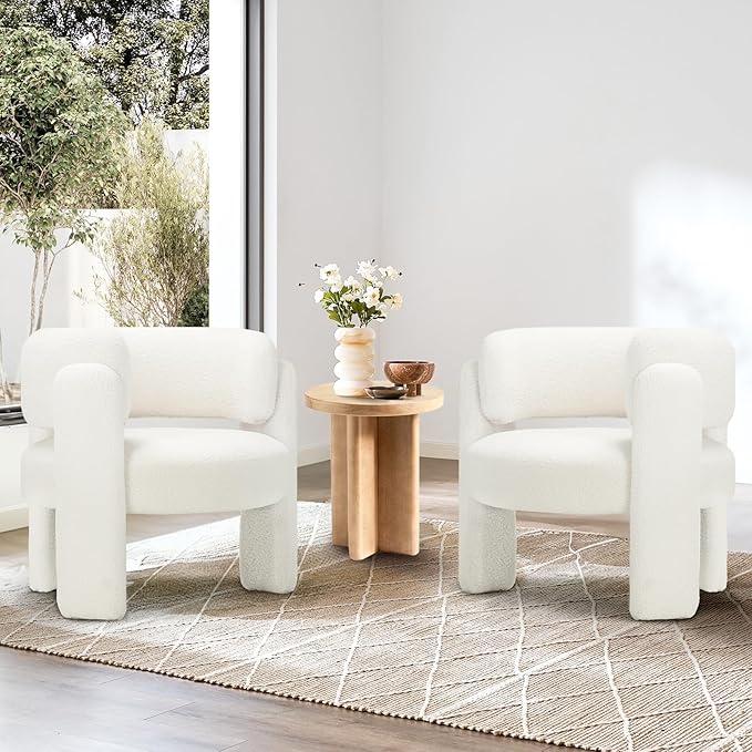 COLAMY Modern Accent Chairs Set of 2, Upholstered Barrel Chairs, Comfy Sherpa Side Arm Chairs with 3 Legs for Living Room, Bedroom, Reading, Cream