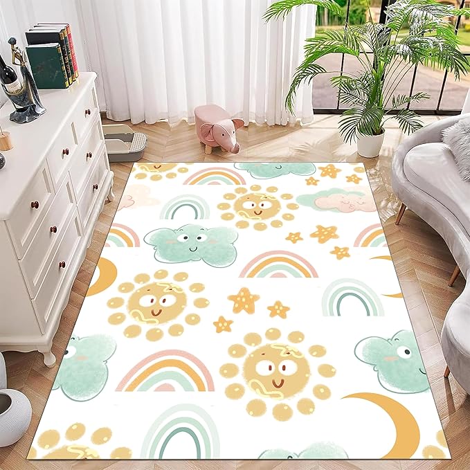 Cute Fluffy Kids Rainbow Rug for Girls Bedroom, Living Room - Colorful Floor Mat, Soft Washable Non-Slip, Smiling Sun White Cloud Patterns, Nursery Decoration 6x9ft