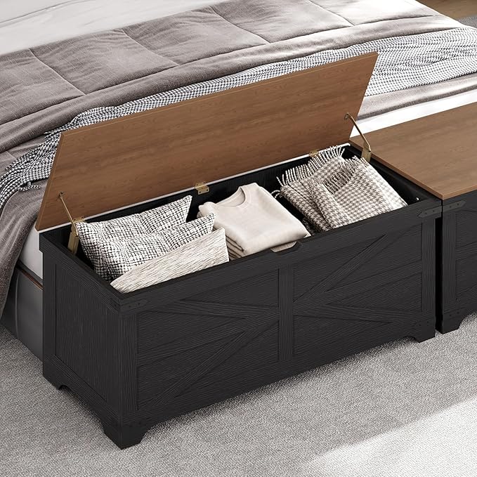 Large Toy Chest, 47.2" Wooden Toy Box with 2 Safety Hinges, Farmhouse Style Storage Bench, Blanket Storage Chest for Living Room, Entryway, Bedroom, Black+Walnut SCHZ18601