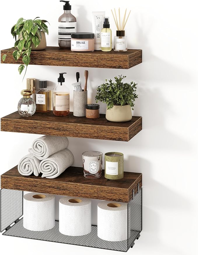 Bathroom Floating Shelves for Wall,16 inch Wall Mounted Floating Shelf Toilet Organizer and Storage,Small Farmhouse Decor Shelf,Rustic Brown,Set of 3