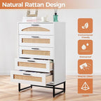 Mericonia 5 Drawer Rattan Dresser for Bedroom, Wood Tall Dresser for Closet with Metal Handles, Boho Nightstand Sets, Dressers & Chests of Drawers for Bedroom, Hallway and Entryway, White