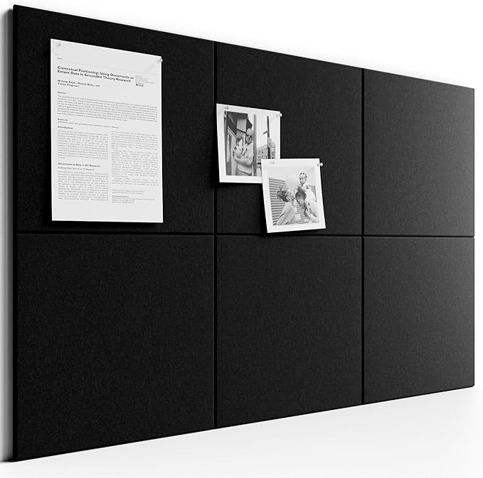 Bumusty Large Cork Board 36" x 24" Alternative - 6 Pack Felt Wall Tiles with 40 Safe Removable Adhesive Tabs, 30 Pushpins, Cork Boards for Walls Pin Board Bulletin Board Office Decor (Black)