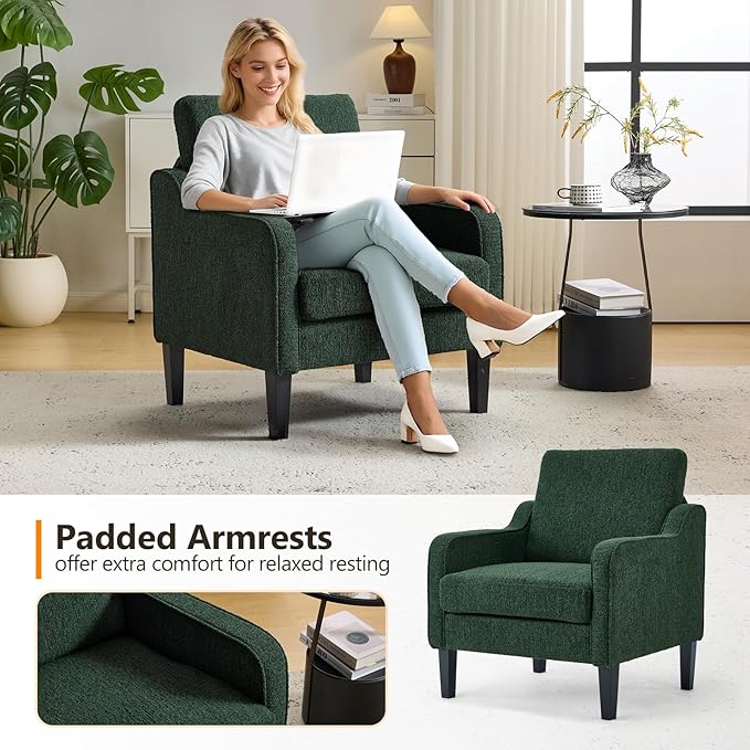 VINGLI Accent Chair for Living Room Chairs Reading Chair for Bedroom Chair Scooped Arm Chair Mid Century Modern Accent Chairs Upholstered Comfy Chair for Apartment, Waiting Room (2, Dark Green)
