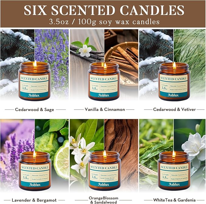 6 Pack Scented Candles as Candle Gift Set, Candle Set for Women, Long Lasting Soy Wax Amber Jar Aromatherapy Candles for Stress Relief, Home Decoration, Birthday, Valentine's Day