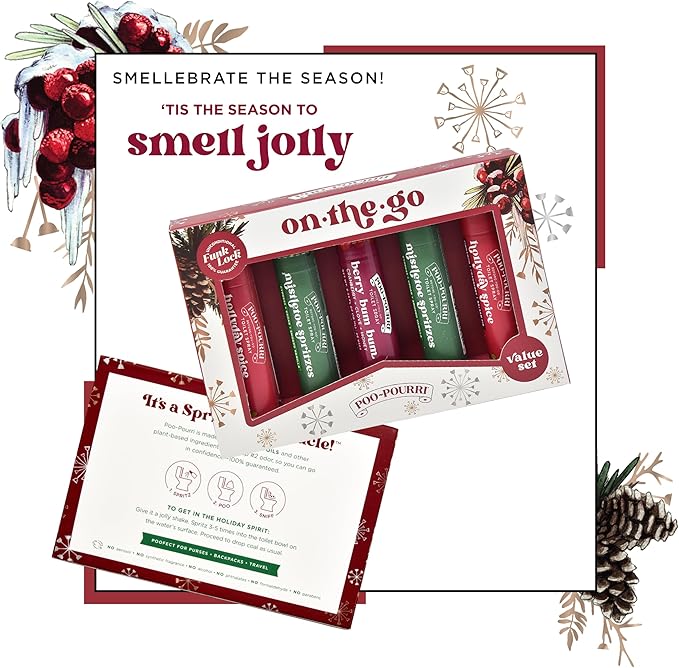 Poo-Pourri Before-You-Go Toilet Spray, Travel Size 10 mL Bottles Hollyday Spice (2), Mistletoe Spritzes (2), Berry Bum Bum - 5 Pack