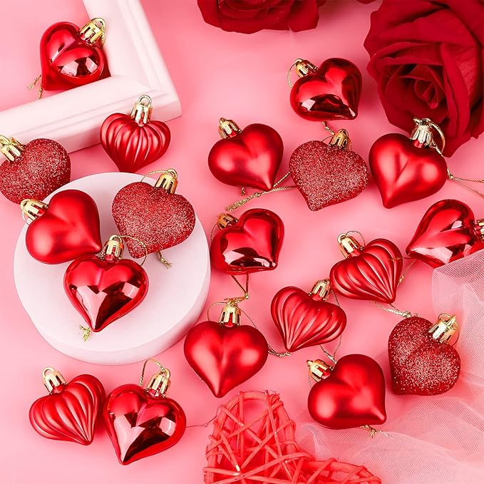 Elcoho 48 Pieces Valentine's Day Heart Shaped Baubles Hanging Heart Ornaments Valentines Tree Decorations for Valentines Day Ornaments Party Wedding Anniversary Decor, Red