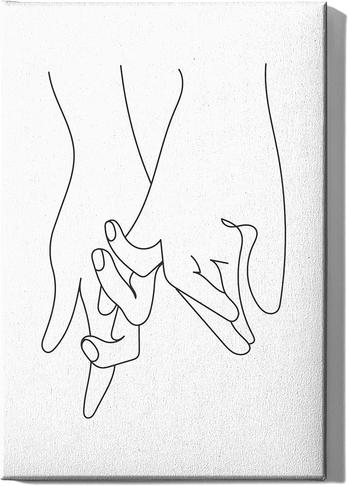 Holding Hands Wrapped Canvas Wall Art Interlocking Fingers Continuous Line Drawing Love 24x36 Inch Gallery Stretched Modern Home Art Decor