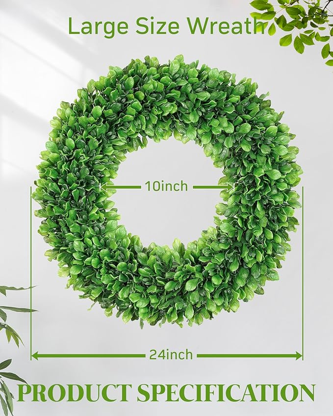 Vlorart 24 Inch Faux Round Boxwood Wreath, Weatherproof Front Door Large Wreaths Artificial Spring Summer Greenery Wreath with Sash for Farmhouse Wedding Year Round Indoor and Outdoor