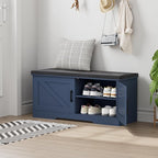2-Tier Storage Bench, 39.4" Wide Shoe Bench with Padded Seat Cushion, Entryway Bench with 2 Barn Doors and Adjustable Shelf, Blue