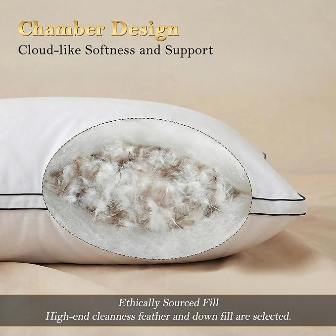 Feather Pillows Queen Size Set of 2 Goose Down Pillows with 100% Breathable Cotton Cover, Hotel Collection Bed Pillows for Sleeping, Soft Support for Back, Stomach and Side Sleepers
